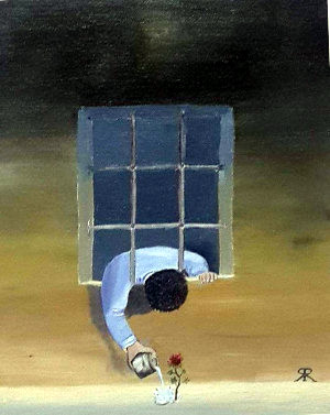 A person in confinement keeps his wits around him to nurture another life. (Oil on canvas by Yadav Ram.)